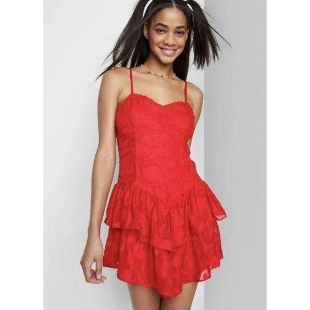 Wild Fable Sleeveless Tiered Jacquard Fit & Flare Red Mini Dress